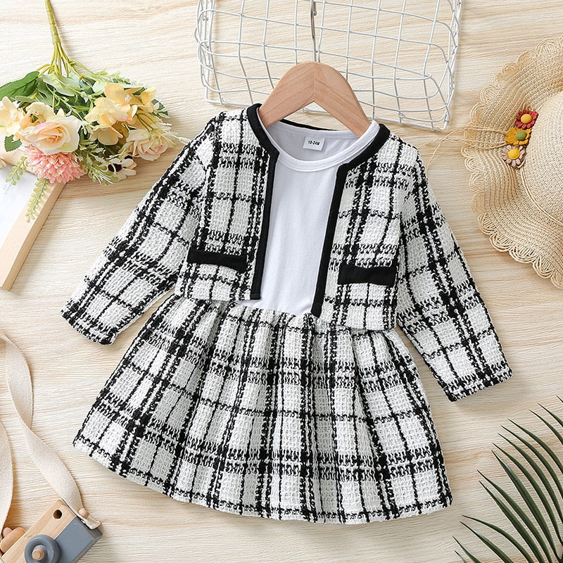 Baby Girl Dress with Pleated Collar - Long Sleeve and Tweed Style