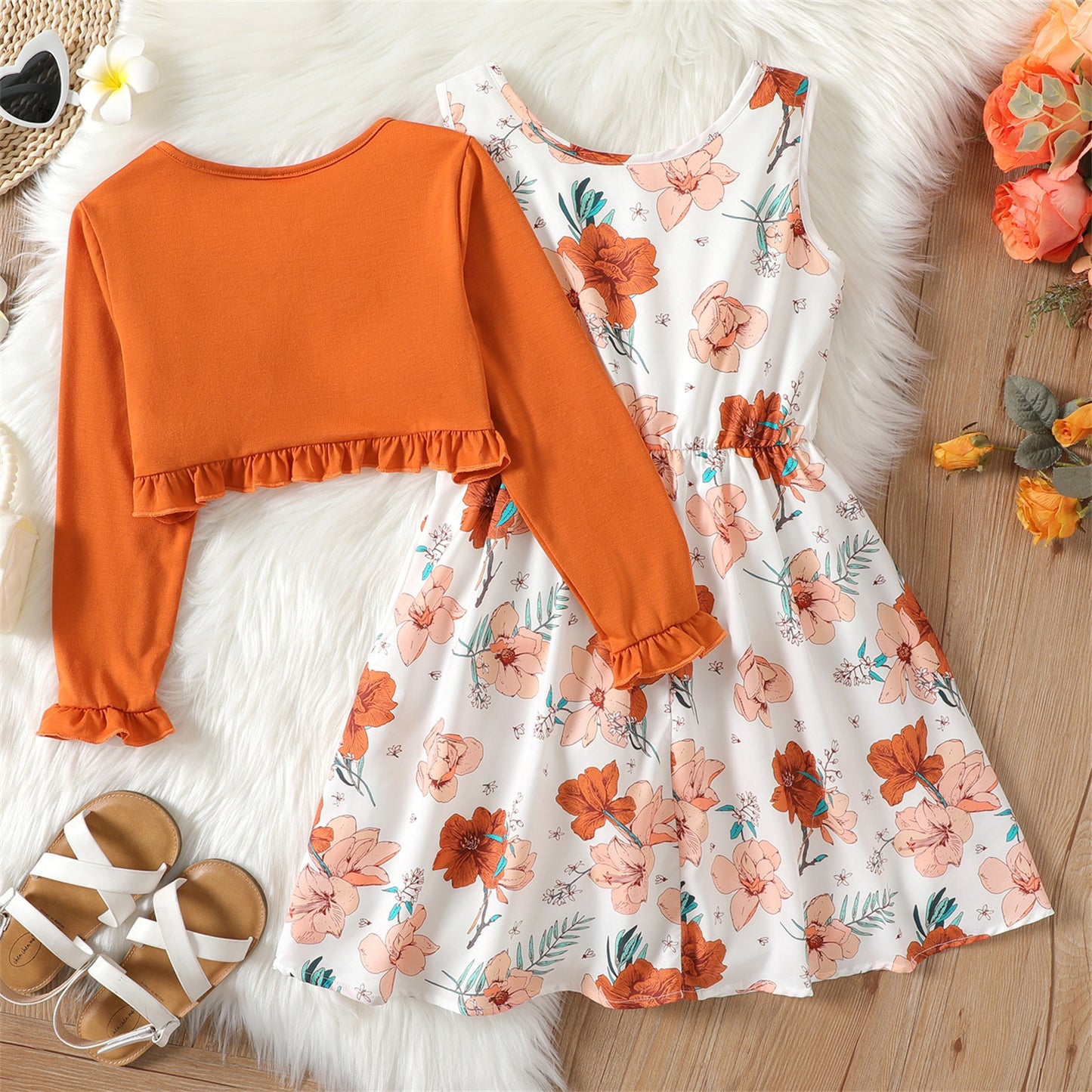 Girl Floral Dress with Ruffled Cardigan