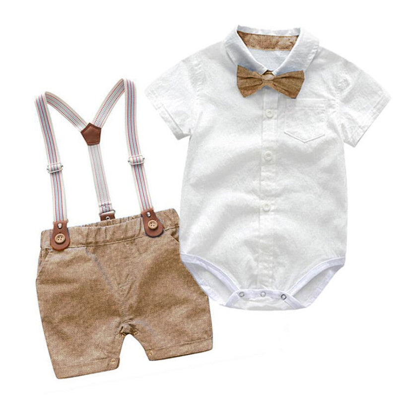 Stylish Summer Baby Boy Outfit (Shirt + Bow + Shorts + Suspenders)