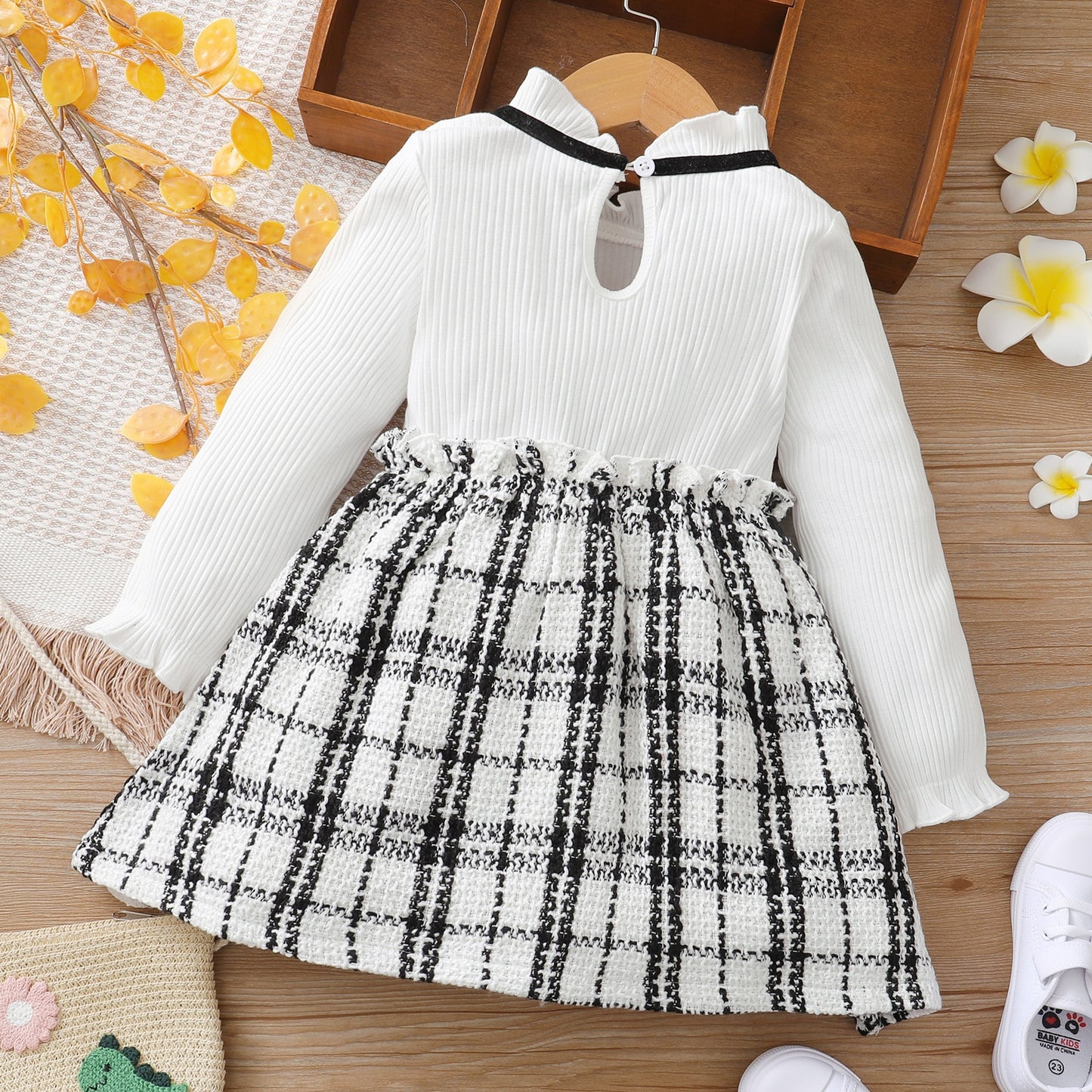 Baby Girl Dress with Pleated Collar - Long Sleeve and Tweed Style