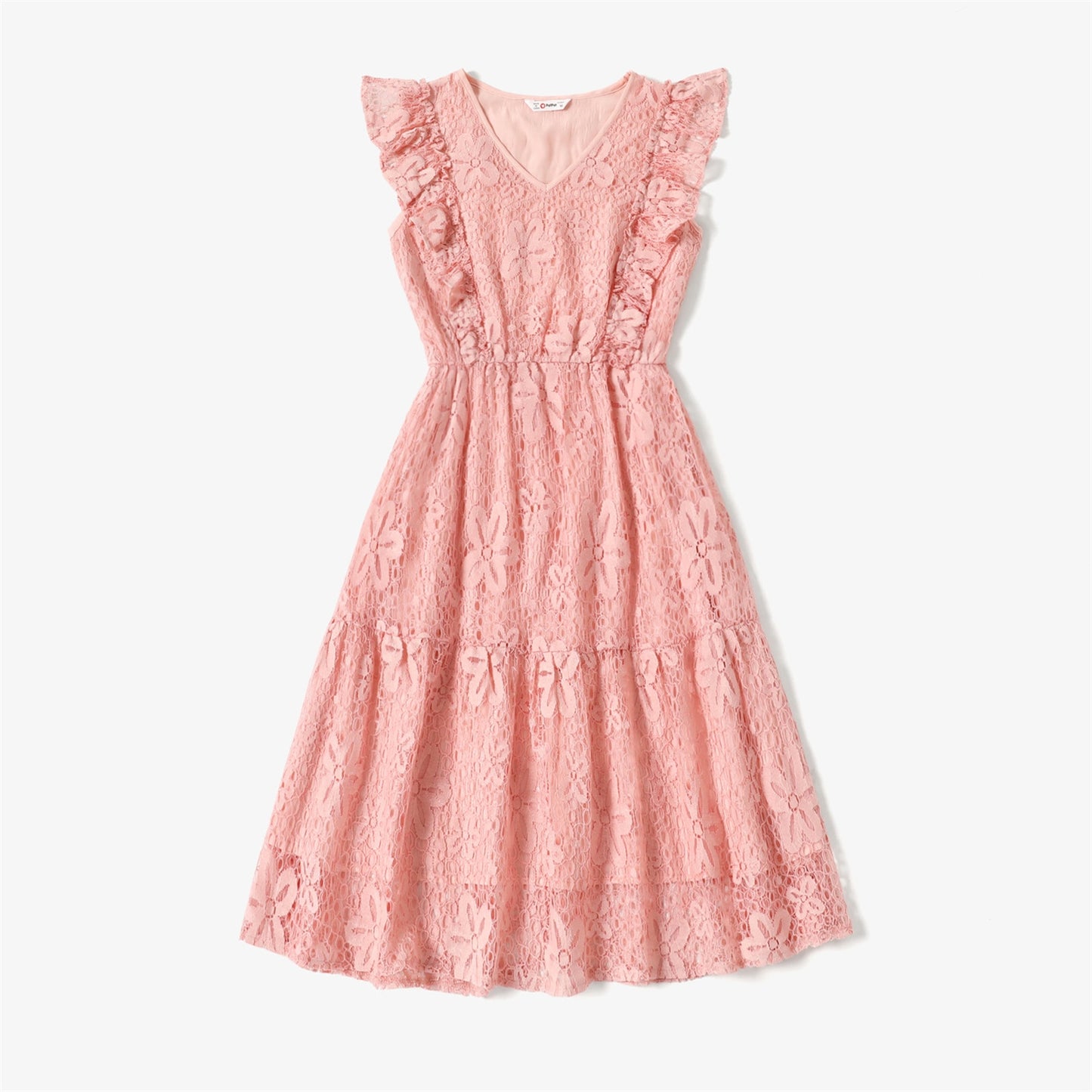 Pink Lace V-Neck Sleeveless Ruffle Dresses and Cotton T-shirts - Family Matching Outfit