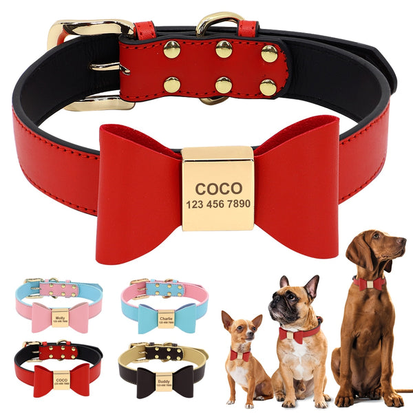Dog & Cat Engraved Leather Bow Collar