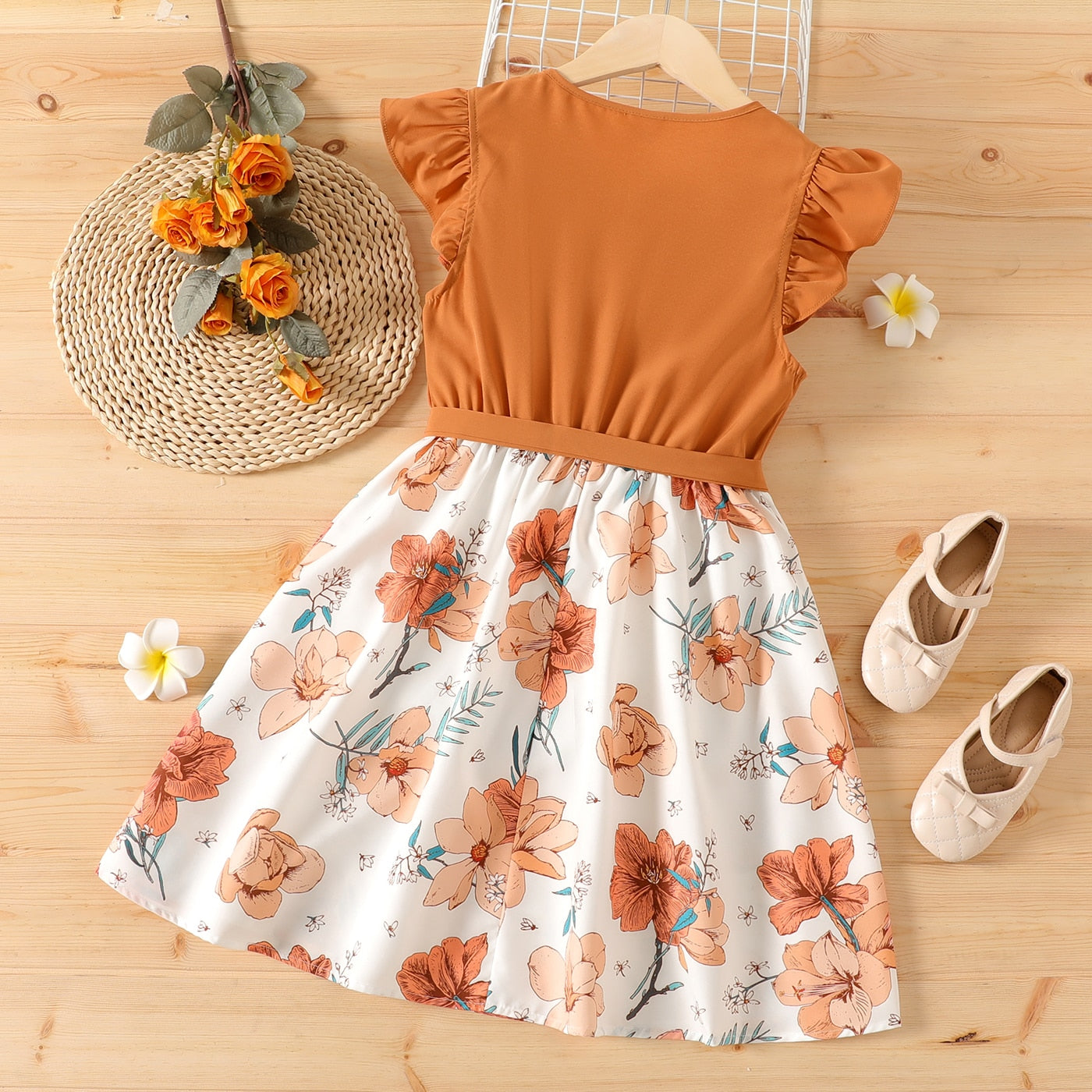 Elegant Social Dress for Girls with Belt and Floral Print