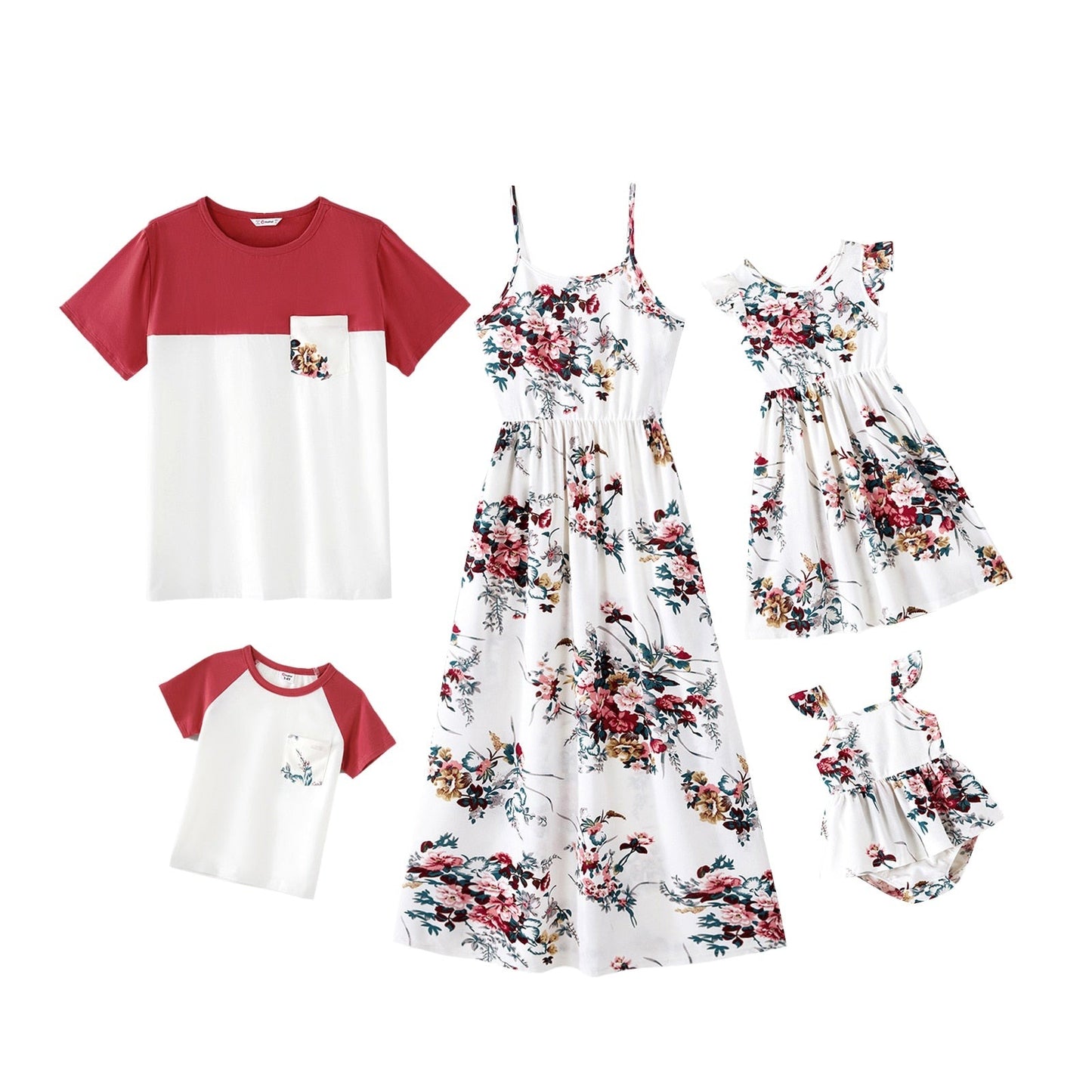 Matching Family Outfit - Floral Print Strap Dresses and T-Shirts Set