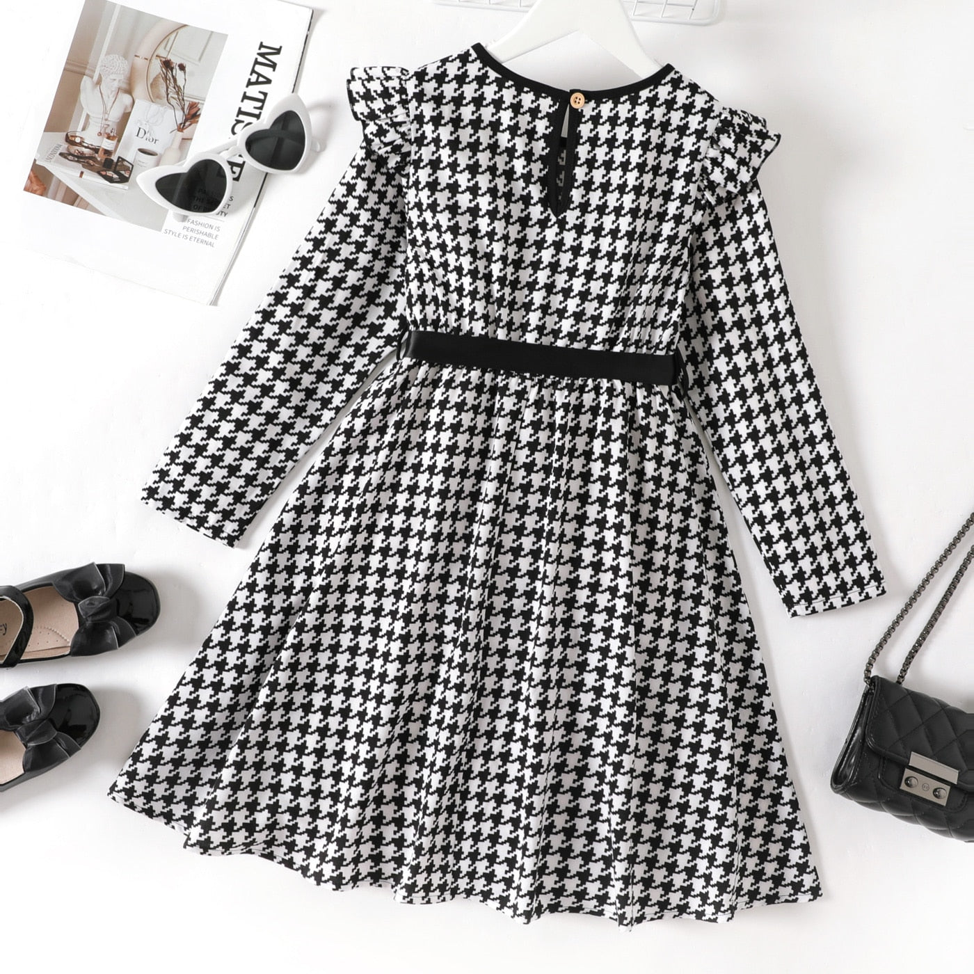 Elegant Black & White Girls Dress Tweed Print