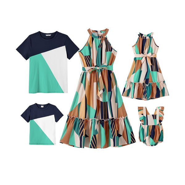 Matching Family Outfit - Sleeveless Belted Halter Dresses and T-Shirts Set for Mummy, Daddy & Kids