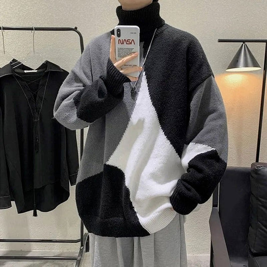 Patchwork Knitted Sweater Turtleneck Collar