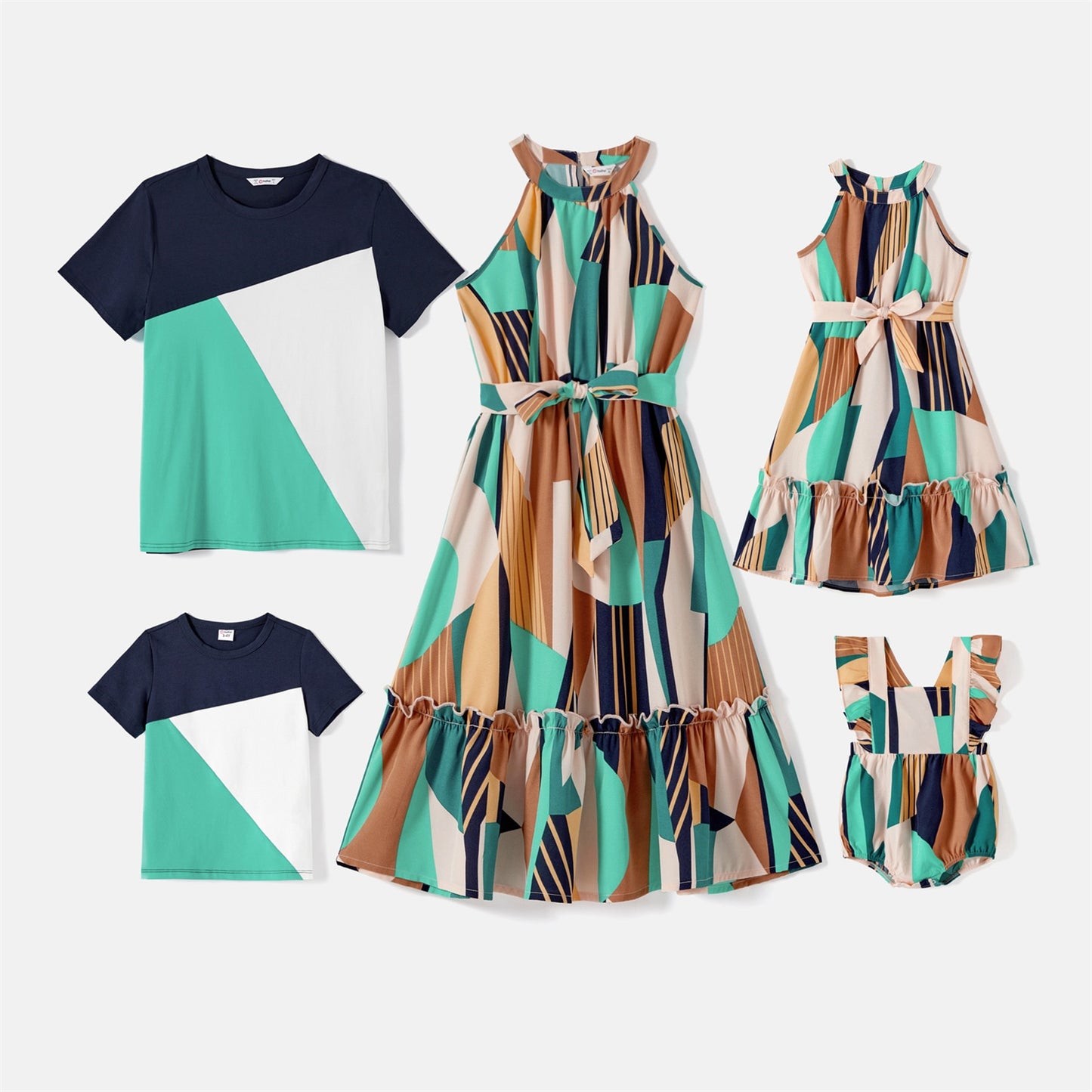 Matching Family Outfit - Sleeveless Belted Halter Dresses and T-Shirts Set for Mummy, Daddy & Kids