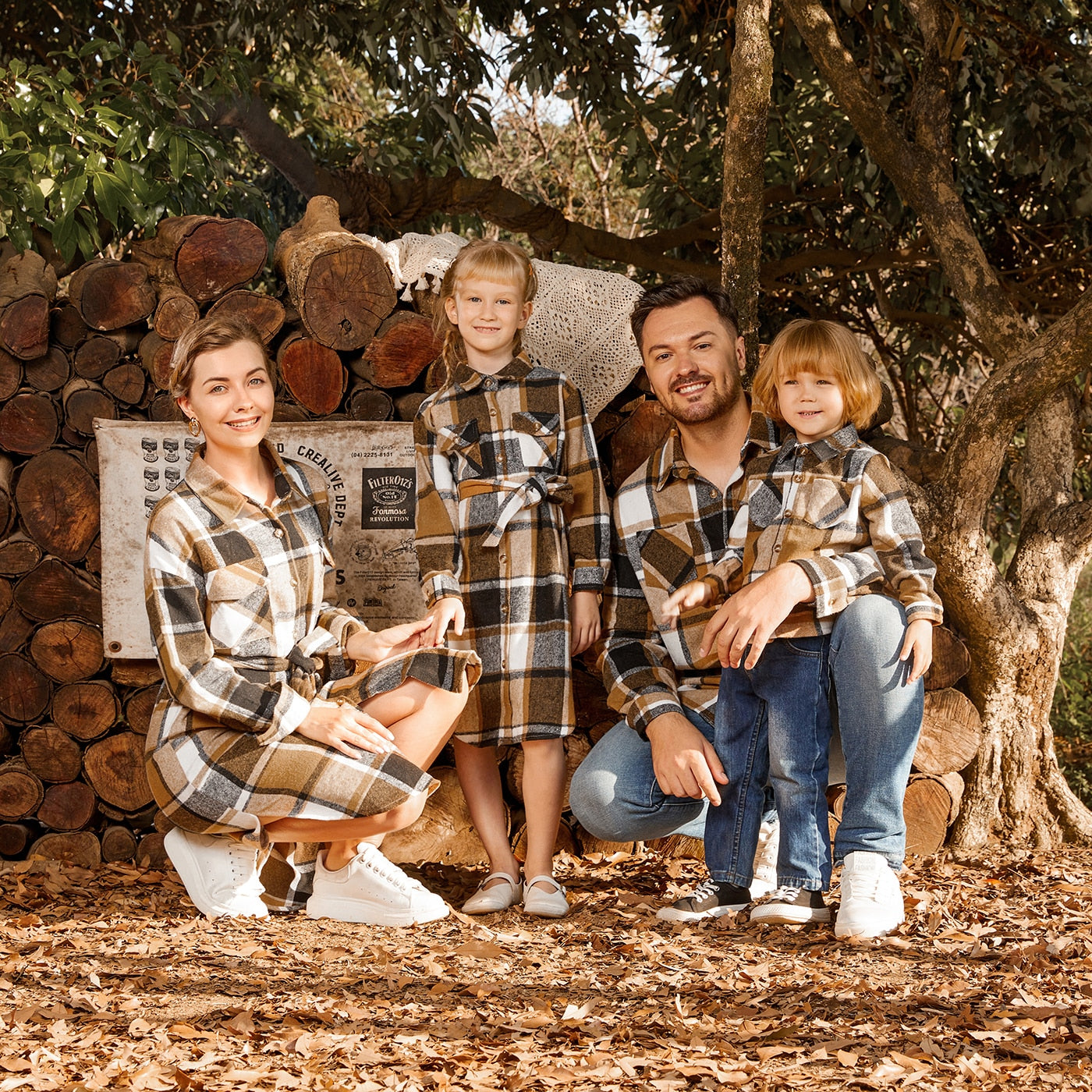 Long-Sleeve Coffee Plaid Shirts & Dresses Set - Matching Family Outfits