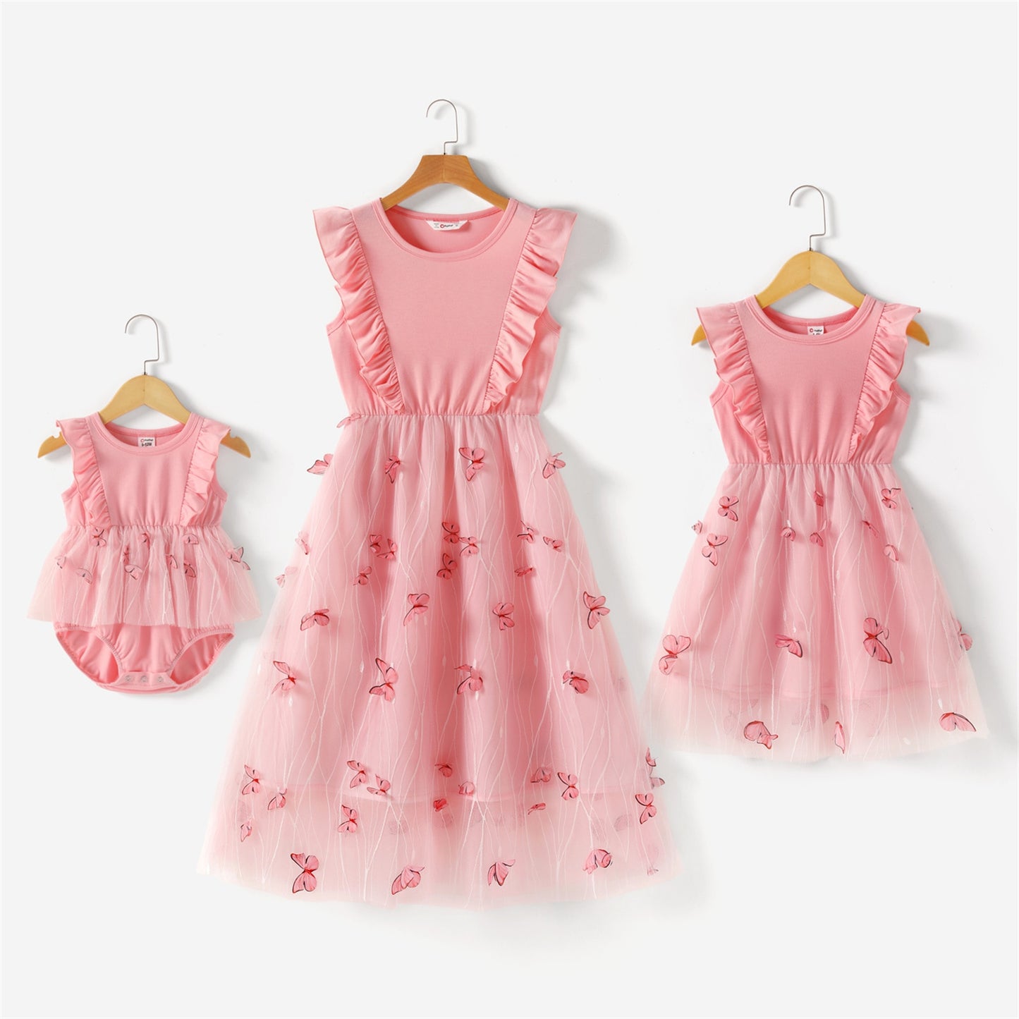 Family Matching Dresses - Pink Tulle with Ruffles and Butterfly Appliqués