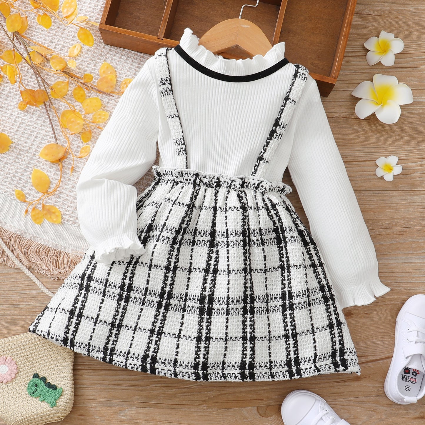 Baby Girl Dress with Pleated Collar - Long Sleeve and Tweed Style