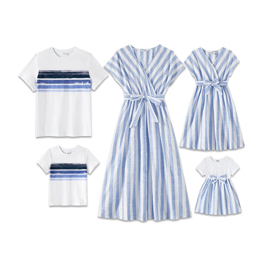 Short Sleeve Striped White & Blue Dress Sets -  Matching Family Outfit