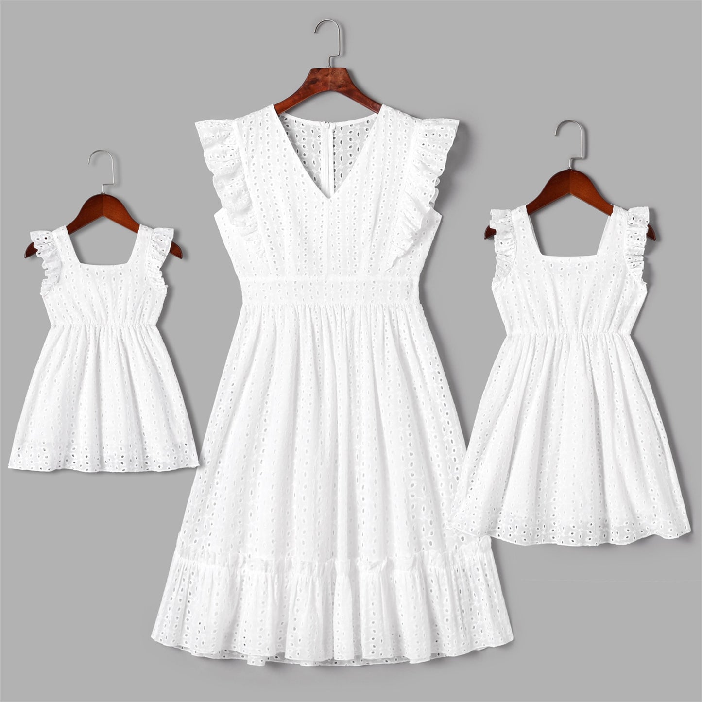 Family Matching Dresses - Hollow White Broderie with Floral Embroidery