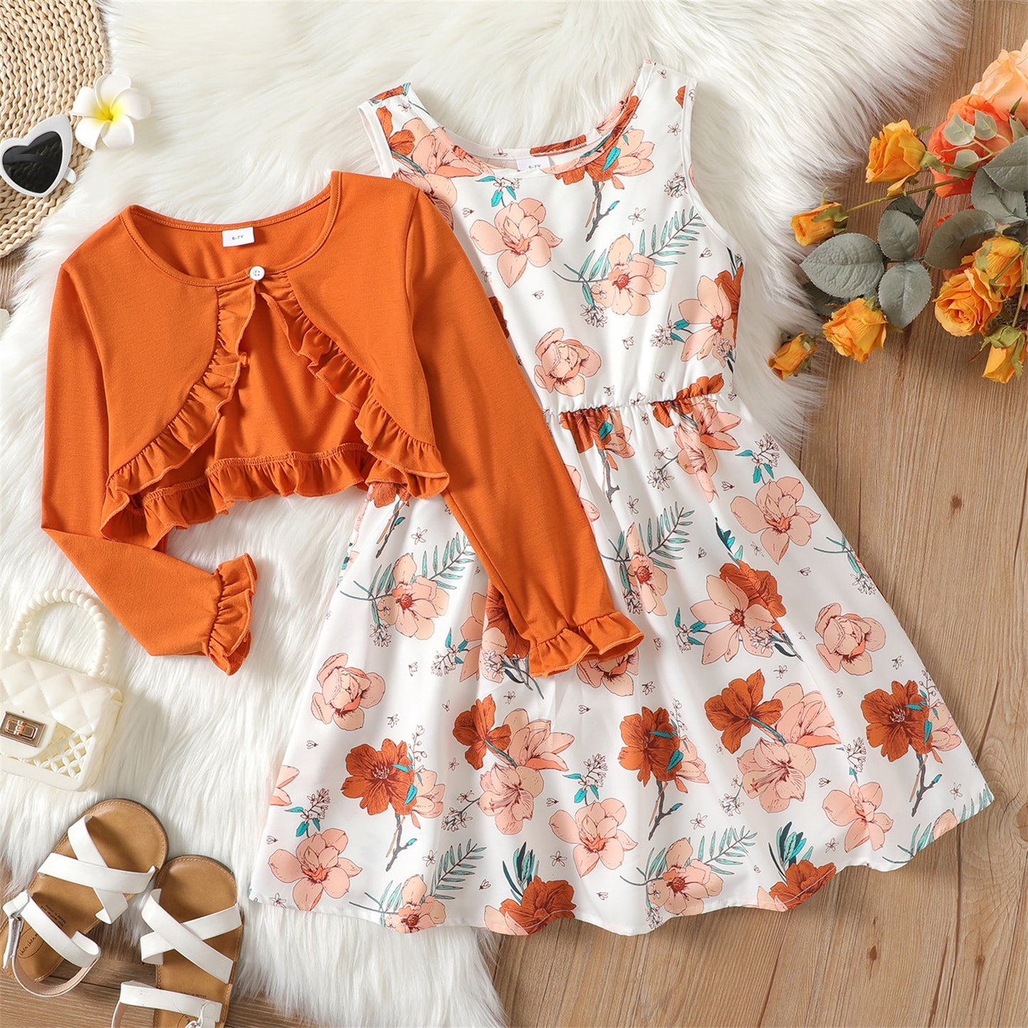 Girl Floral Dress with Ruffled Cardigan