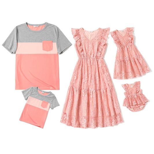 Pink Lace V-Neck Sleeveless Ruffle Dresses and Cotton T-shirts - Family Matching Outfit