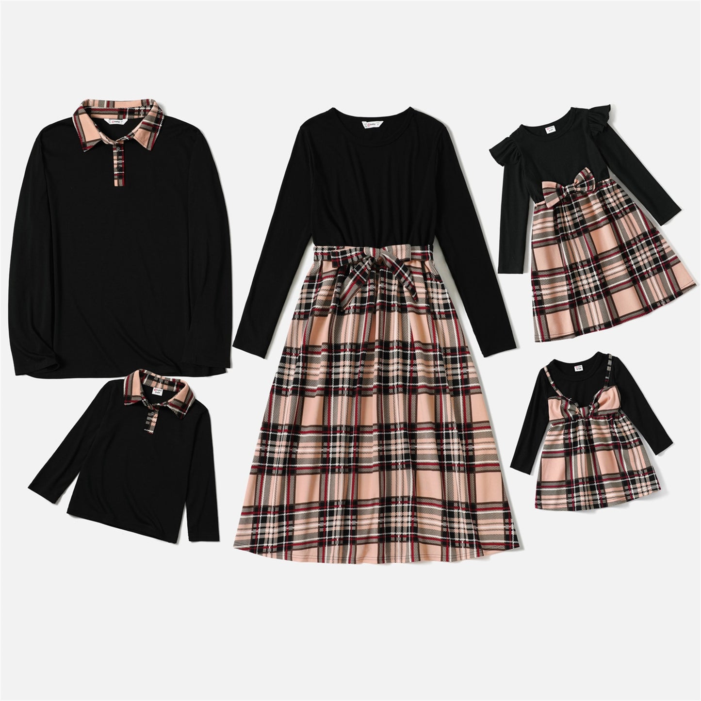 Matching Family & Couple Outfit - Black Plaid Long Sleeve Midi Dress and Polo Shirt Sets