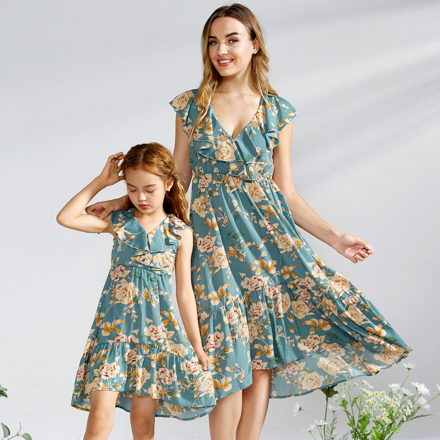 Matching Family Outfit - Floral Print Vintage Midi Dresses - Flounce V-neck Sleeveless Dresses