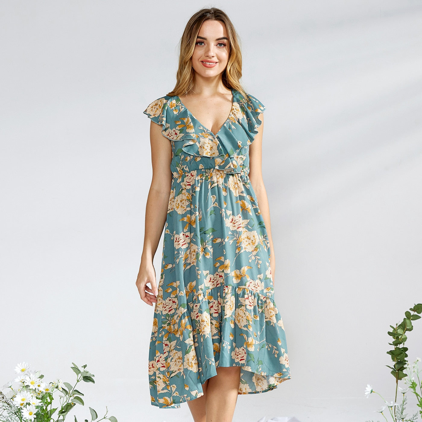 Matching Family Outfit - Floral Print Vintage Midi Dresses - Flounce V-neck Sleeveless Dresses