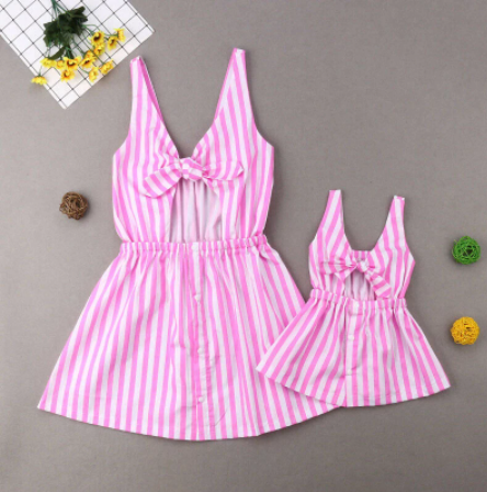 Matching Family Pink Outfit - Striped Dress for Mummy and Baby Daughter