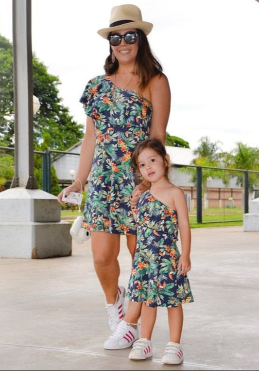 Matching Family Outfit - Mummy and Daughter Floral One-Shoulder Dress