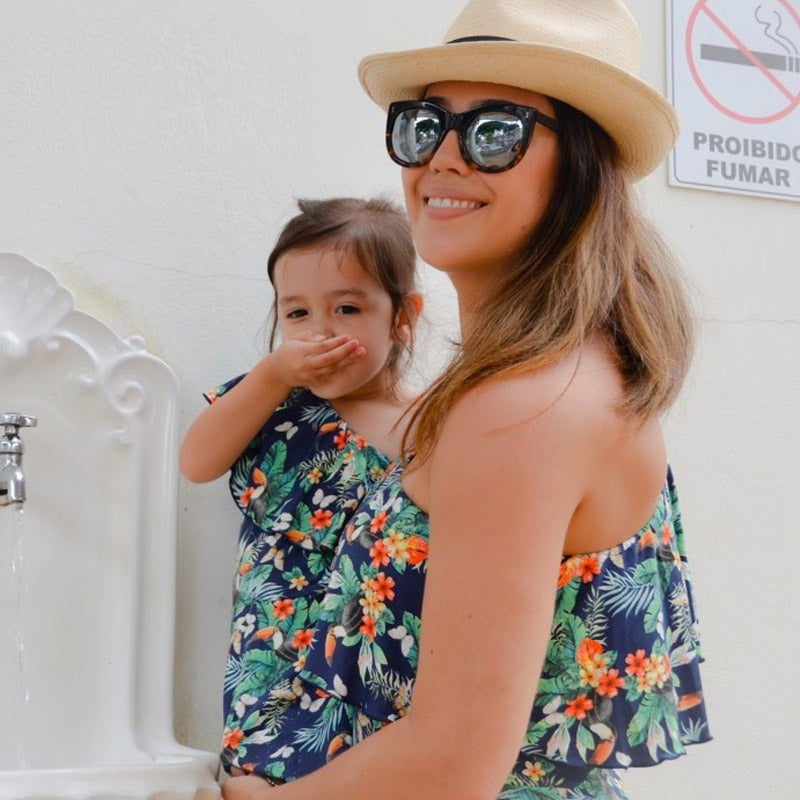 Matching Family Outfit - Mummy and Daughter Floral One-Shoulder Dress