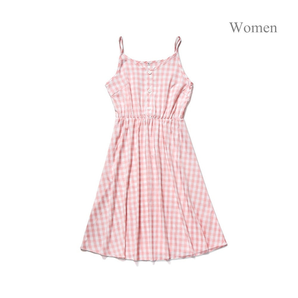 Matching Family Outfit - Mummy, Baby Girl and Daughter Short Pink Plaid Dress