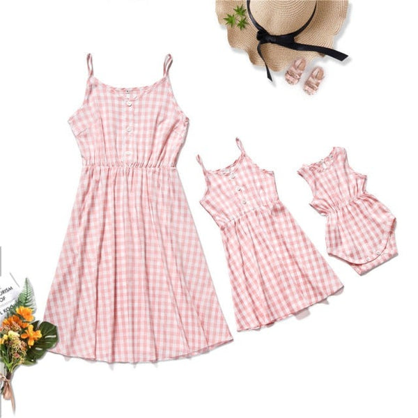 Matching Family Outfit - Mummy, Baby Girl and Daughter Short Pink Plaid Dress