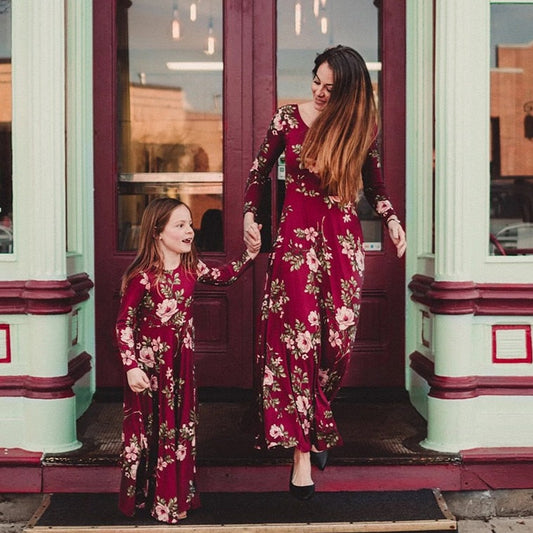 Matching Family Outfit - Mummy and Daughter Floral Long Ruby Dress