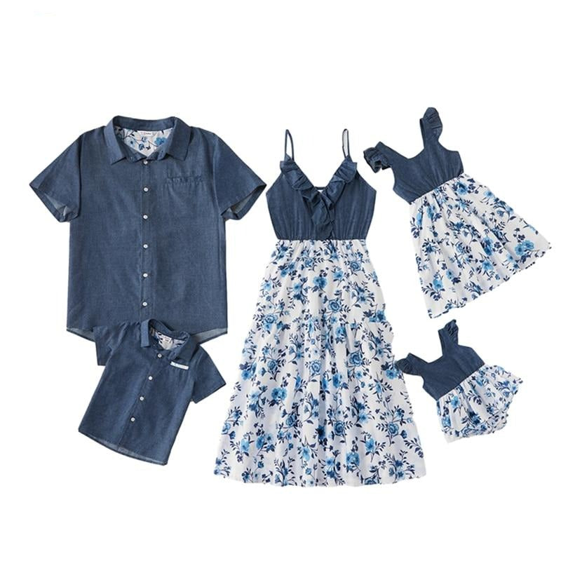 Matching Family Outfit - Floral Dark Denim Outfit for Mummy, Daddy and Baby