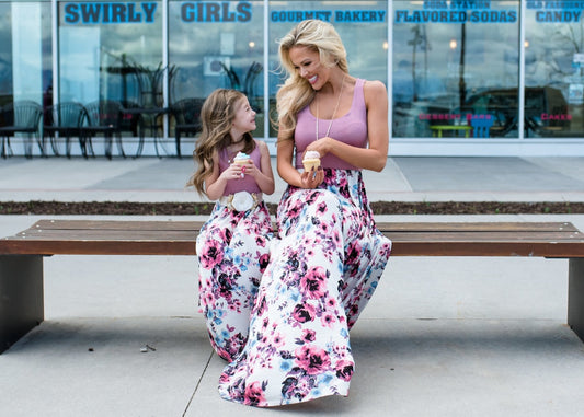 Matching Family Outfit - Mummy and Daughter Long Dress with Flowered Skirt