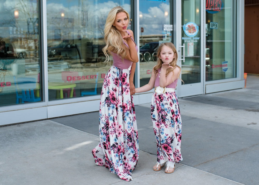 Matching Family Outfit - Mummy and Daughter Long Dress with Flowered Skirt