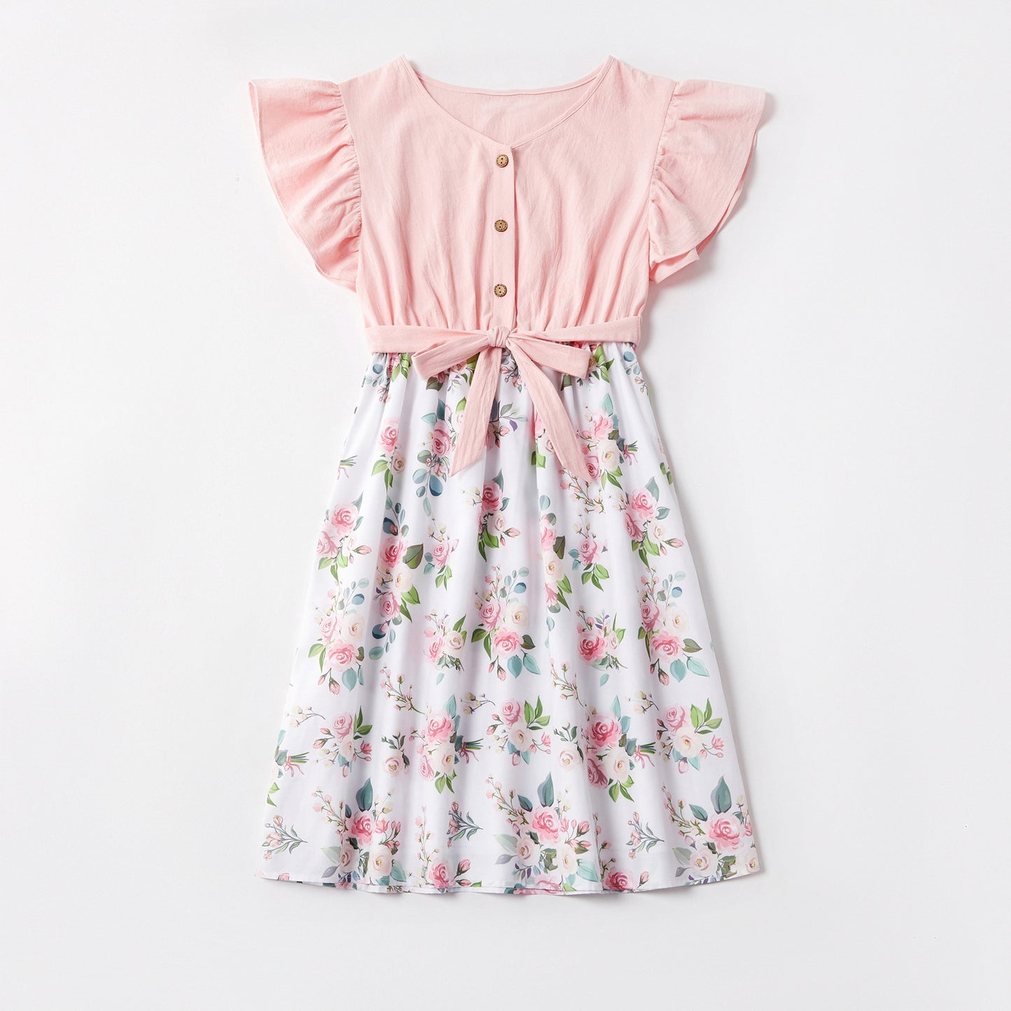 Matching Family Outfit - Mummy and Daughter Pink Floral Dress with Ruffles