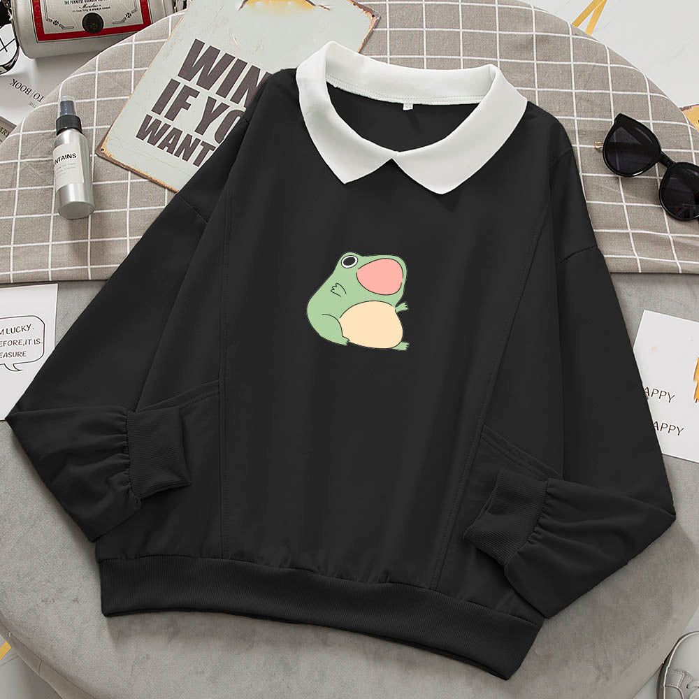 Cartoon Frog Oversized Sweatshirt with Turn-down Collar and Pockets