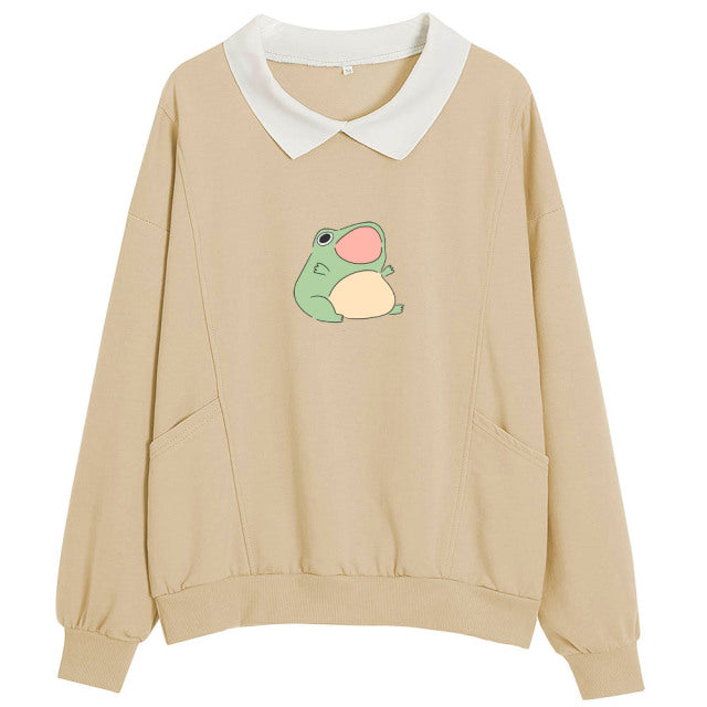 Cartoon Frog Oversized Sweatshirt with Turn-down Collar and Pockets