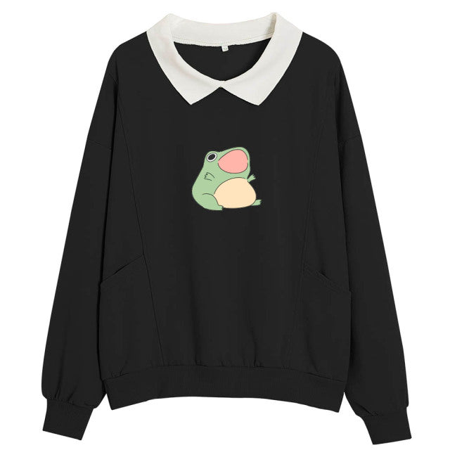 Cartoon Frog Oversized Sweatshirt with Turn-down Collar and Pockets