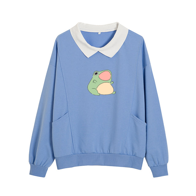 Cartoon Frog Oversized Sweatshirt with Turn-down Collar and Pockets