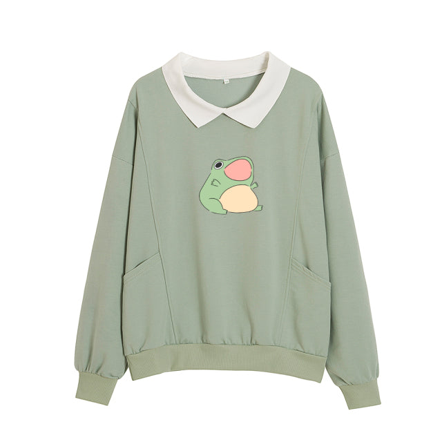 Cartoon Frog Oversized Sweatshirt with Turn-down Collar and Pockets