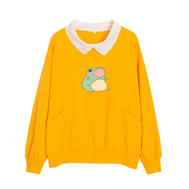 Cartoon Frog Oversized Sweatshirt with Turn-down Collar and Pockets