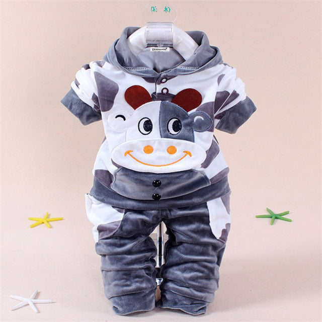 Cartoon Plush Long-Sleeved Sweatshirt with Hoodie and Pants - Set for Baby and Kids