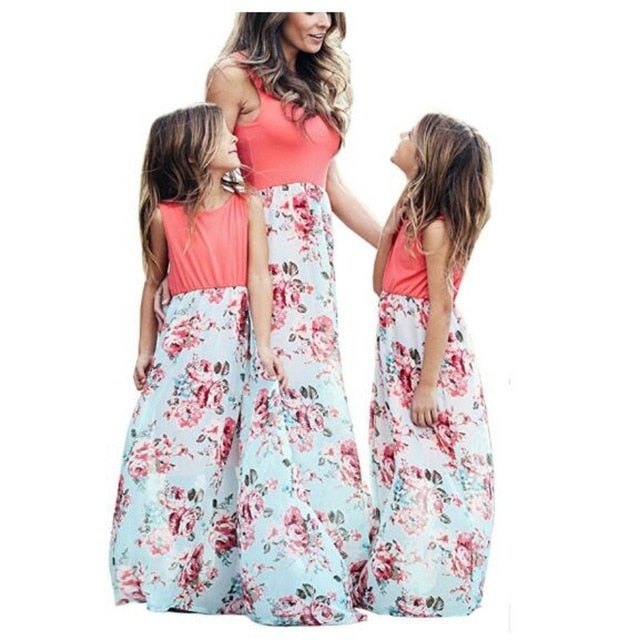 Matching Family Outfit - Mummy and Daughter Long Dress with Flowered Skirt