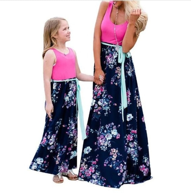 Matching Family Outfit - Mummy and Daughter Long Dress with Flowered Skirt