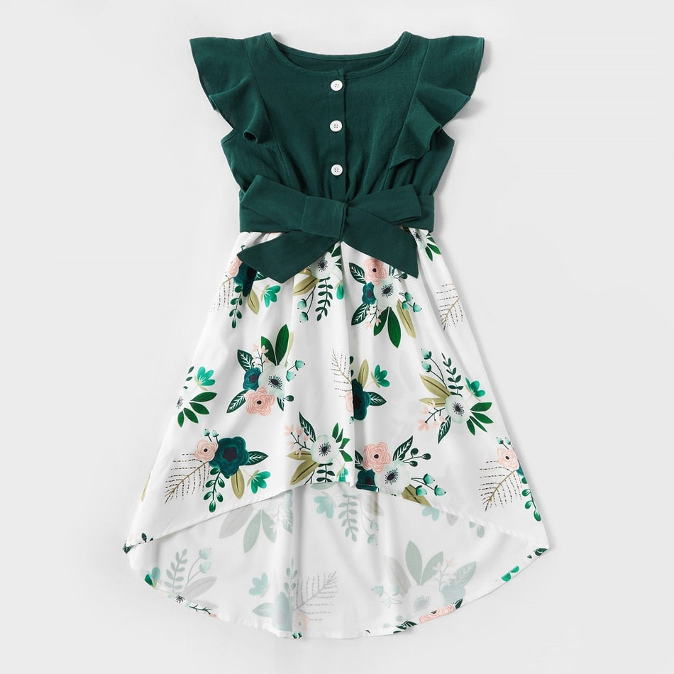 Matching Family Outfit - Mummy and Daughter Green Floral Dress with Ruffles