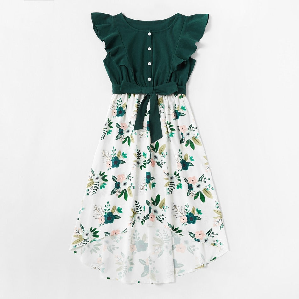 Matching Family Outfit - Mummy and Daughter Green Floral Dress with Ruffles