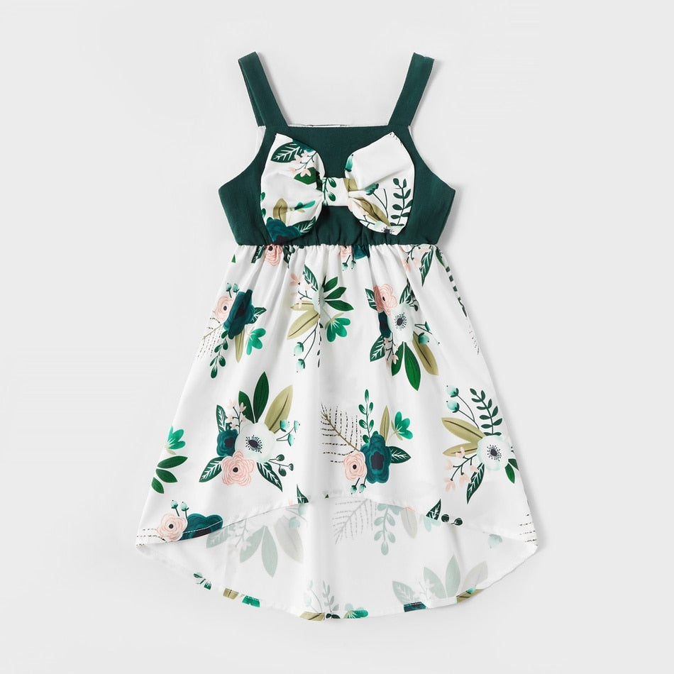 Matching Family Outfit - Mummy and Daughter Green Floral Dress with Ruffles