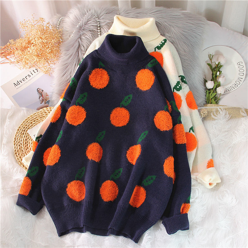 Orange Fruit Turtleneck Knit Sweater