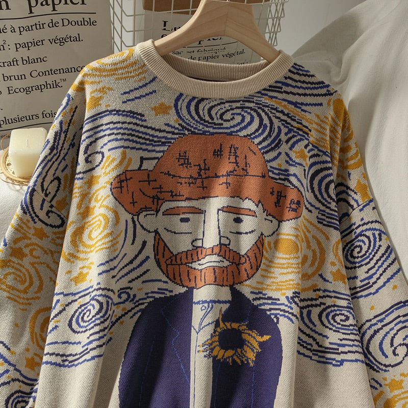 Tribute to Van Gogh Cartoon Knit Sweater