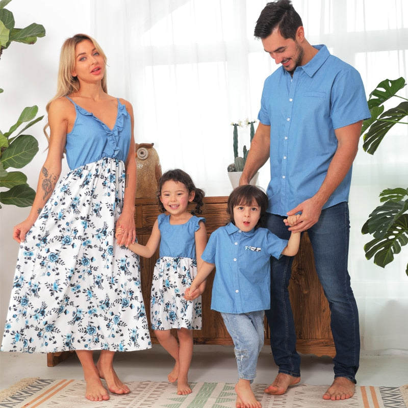 Matching Family Outfit - Floral Light Denim Outfit for Mummy, Daddy and Baby