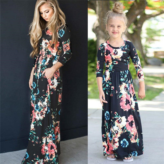 Matching Family Outfit - Mummy and Daughter Long Sleeve Floral Long Dress