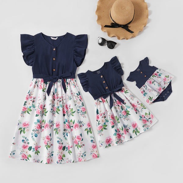 Matching Family Outfit - Mummy and Daughter Blue Floral Dress with Ruffles