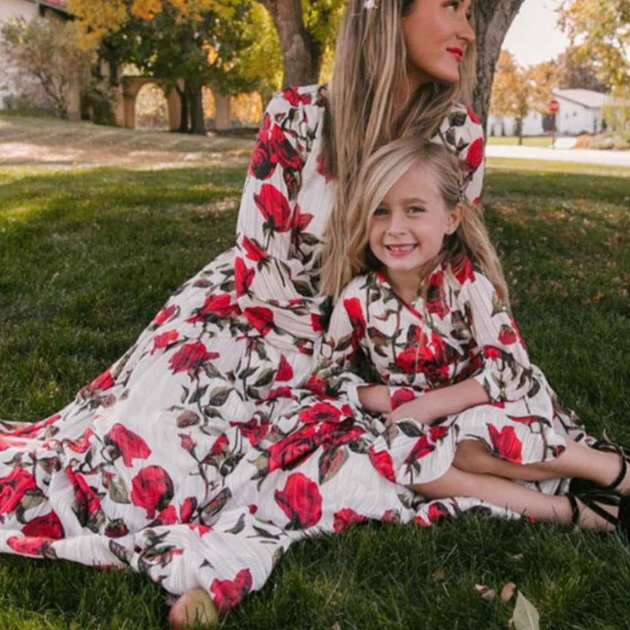 Matching Family Outfit - Mummy and Daughter Large Flowers Long Dress